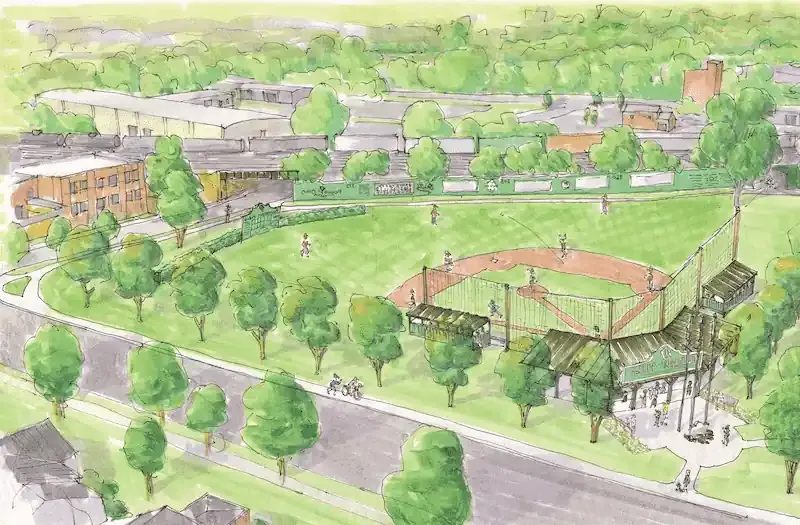 Watercolor rendering of proposed baseball park.