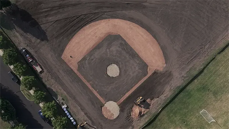 An overhead view of the Foundry Field baseball field.