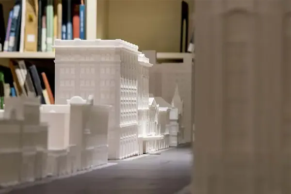 A close-up of the 3-D printed model of historical downtown South Bend